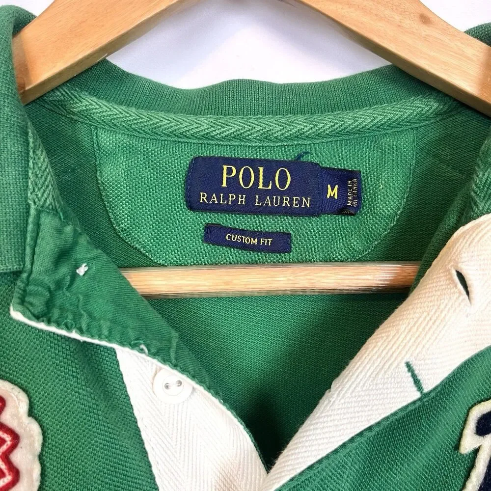 Polo Ralph Lauren Football Rugby Shirt Green Custom Fit Men’s Medium M Patches